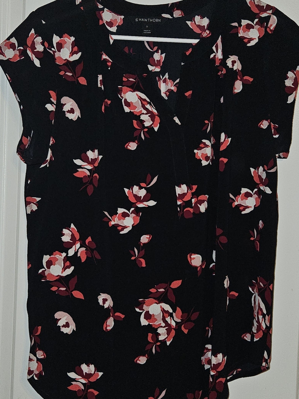 41 Hawthorn Black Floral Blouse with Red and Pink Accents